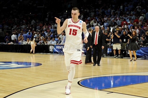 LOS ANGELES, CA - MARCH 26:  Sam Dekker #15 of the Wisconsin Badgers celebrates after the Badgers 79-72 victory against the North Carolina Tar Heels during the West Regional Semifinal of the 2015 NCAA Men's Basketball Tournament at Staples Center on March 26, 2015 in Los Angeles, California.  (Photo by Harry How/Getty Images)
