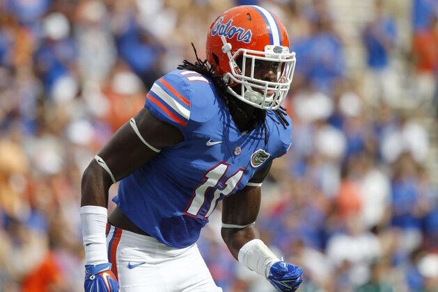 Sep 6, 2014; Gainesville, FL, USA; Florida Gators linebacker Neiron Ball (11) rushes against the Eastern Michigan Eagles at Ben Hill Griffin Stadium. Mandatory Credit: Kim Klement-USA TODAY Sports