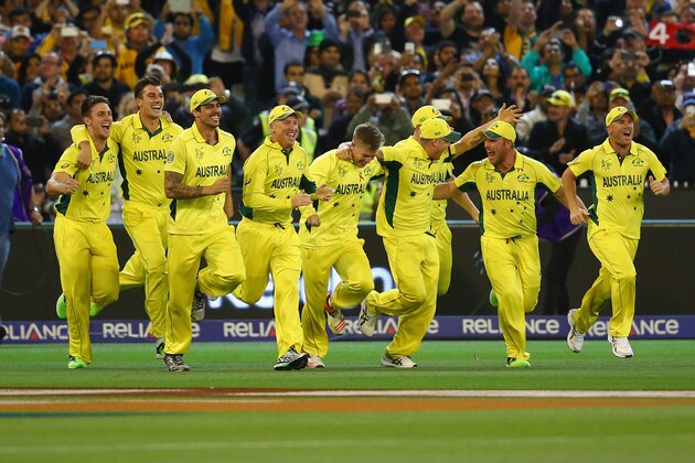 MELBOURNE, AUSTRALIA - MARCH 29:  Austrlia celebrates victory during the 2015 ICC Cricket World Cup final match between Australia and New Zealand at Melbourne Cricket Ground on March 29, 2015 in Melbourne, Australia.  (Photo by Mark Kolbe/Getty Images)