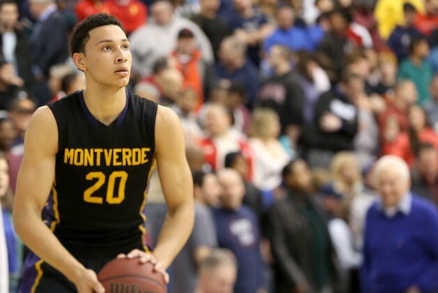 Montverde Academy's Ben Simmons #20 warms up against Roselle Catholic during a high school basketball game on Friday, Feb. 13, 2015, in Kean, NJ.  Montverde won the game. (AP Photo/Gregory Payan)