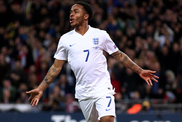 LONDON, ENGLAND - MARCH 27:  Raheem Sterling of England celebrates the third goal
during the EURO 2016 Qualifier match between England and Lithuania at Wembley Stadium on March 27, 2015 in London, England.  (Photo by Ian Walton/Getty Images)