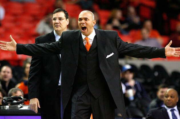 ATLANTA - MARCH 12:  Head coach Dave Leitao of the Virginia Cavaliers questions a call with an official during day one against the Boston College Eagles of the 2009 ACC Men's Basketball Tournament at the Georgia Dome March 12, 2009 in Atlanta, Georgia.  (Photo by Kevin C. Cox/Getty Images)