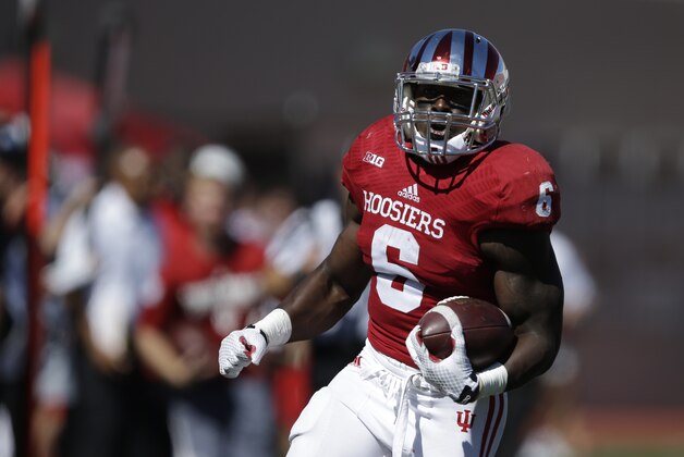 Indiana running back Tevin Coleman (6) runs during the first half of an NCAA college football game against Maryland Saturday, Sept. 27, 2014, in Bloomington, Ind. (AP Photo/Darron Cummings)