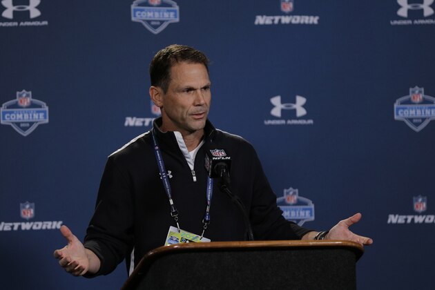 San Francisco 49ers general manager Trent Baalke answers a question during a news conference at the NFL football scouting combine in Indianapolis, Wednesday, Feb. 18, 2015. (AP Photo/David J. Phillip)