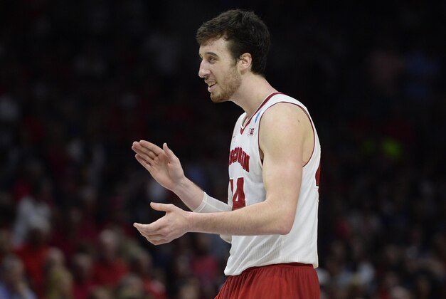 Mar 28, 2015; Los Angeles, CA, USA; Wisconsin Badgers forward Frank Kaminsky (44) celebrates the 85-78 victory against Arizona Wildcats during the second half in the finals of the west regional of the 2015 NCAA Tournament at Staples Center. Mandatory Credit: Robert Hanashiro-USA TODAY Sports