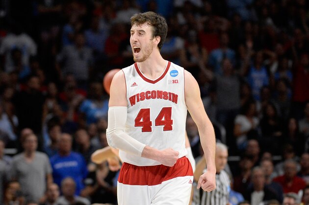 LOS ANGELES, CA - MARCH 26:  Frank Kaminsky #44 of the Wisconsin Badgers celebrates against the North Carolina Tar Heels during the West Regional Semifinal of the 2015 NCAA Men's Basketball Tournament at Staples Center on March 26, 2015 in Los Angeles, California.  (Photo by Harry How/Getty Images)