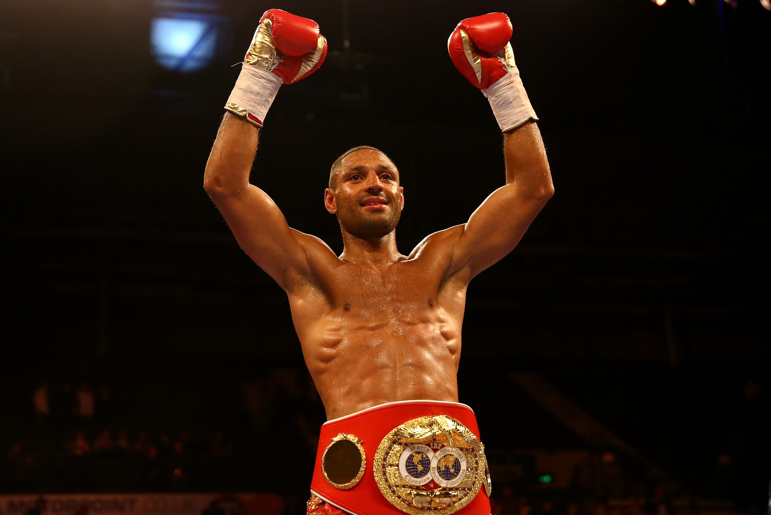 SHEFFIELD, ENGLAND - MARCH 28:  Kell Brook celebrates after beating Jo Jo Dan during their IBF World Welterweight Title Fight at the Motorpoint Arena on March 28, 2015 in Sheffield, England.  (Photo by Richard Heathcote/Getty Images)