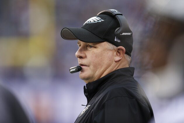 Philadelphia Eagles head coach Chip Kelly watches his team play during the first half of an NFL football game against the New York Giants Sunday, Dec. 28, 2014, in East Rutherford, N.J. (AP Photo/Kathy Willens)