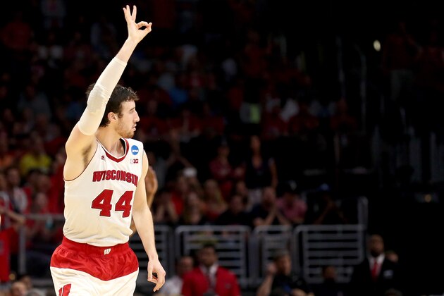 LOS ANGELES, CA - MARCH 28:  Frank Kaminsky #44 of the Wisconsin Badgers reacts making a three-pointer in the second half against the Arizona Wildcats during the West Regional Final of the 2015 NCAA Men's Basketball Tournament at Staples Center on March 28, 2015 in Los Angeles, California.  (Photo by Stephen Dunn/Getty Images)