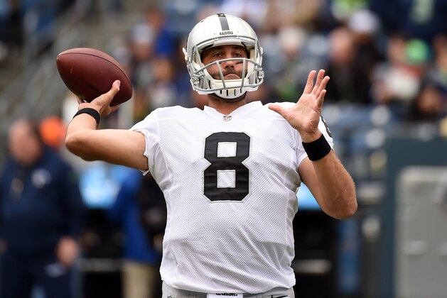 SEATTLE, WA - NOVEMBER 02: Quarterback Matt Schaub #8 of the Oakland Raiders warms up before the game against the Seattle Seahawks at CenturyLink Field on November 2, 2014 in Seattle, Washington.  (Photo by Steve Dykes/Getty Images)