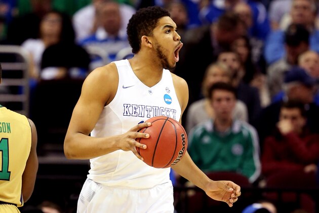 CLEVELAND, OH - MARCH 28: Karl-Anthony Towns #12 of the Kentucky Wildcats reacts after being called for a foul in the second half against the Notre Dame Fighting Irish during the Midwest Regional Final of the 2015 NCAA Men's Basketball tournament at Quicken Loans Arena on March 28, 2015 in Cleveland, Ohio.  (Photo by Andy Lyons/Getty Images)