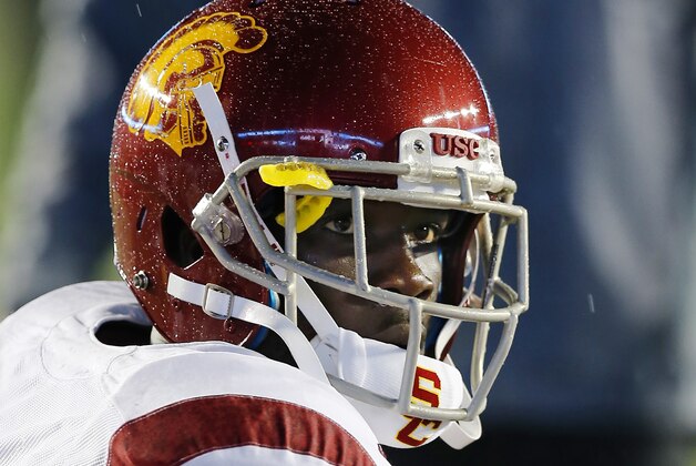 CHESTNUT HILL, MA - SEPTEMBER 13: Wide receiver Nelson Agholor #15 of the USC Trojans looks on before their game against the Boston College Eagles at Alumni Stadium on September 13, 2014 in Chestnut Hill, Massachusetts.  (Photo by Winslow Townson/Getty Images)