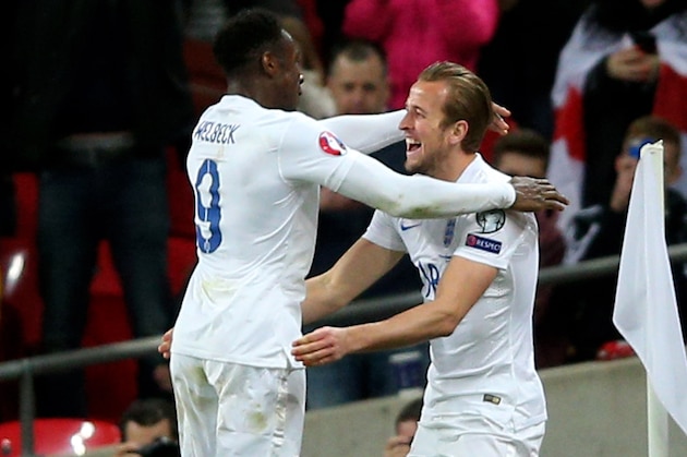 LONDON, ENGLAND - MARCH 27:  Harry Kane of England (R) celebrates with Danny Welbeck (C) and Ross Barkley of England after scoring on his debut during the EURO 2016 Qualifier match between England and Lithuania at Wembley Stadium on March 27, 2015 in London, England.  (Photo by Paul Gilham/Getty Images)