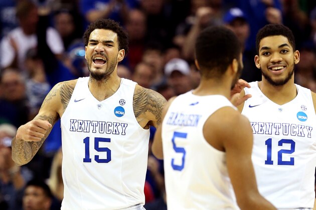 CLEVELAND, OH - MARCH 28:  Willie Cauley-Stein #15 of the Kentucky Wildcats reacts after a play in the second half against the Notre Dame Fighting Irish during the Midwest Regional Final of the 2015 NCAA Men's Basketball tournament at Quicken Loans Arena on March 28, 2015 in Cleveland, Ohio.  (Photo by Andy Lyons/Getty Images)