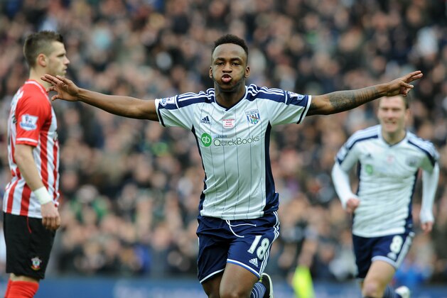 West Brom's Saido Berahino celebrates after scoring against Southampton during the English Premier League soccer match between West Bromwich Albion and Southampton at the Hawthorns, West Bromwich, England, Saturday, Feb. 28, 2015. (AP Photo/Rui Vieira)