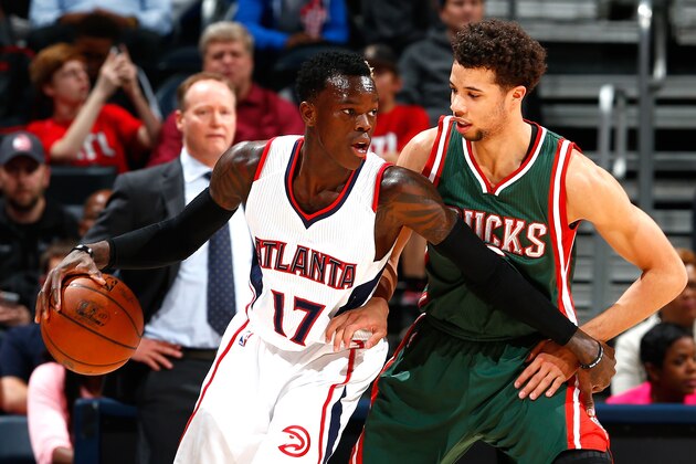 ATLANTA, GA - MARCH 30:  Michael Carter-Williams #5 of the Milwaukee Bucks defends against Dennis Schroder #17 of the Atlanta Hawks at Philips Arena on March 30, 2015 in Atlanta, Georgia.  NOTE TO USER: User expressly acknowledges and agrees that, by downloading and/or using this photograph, user is consenting to the terms and conditions of the Getty Images License Agreement.  (Photo by Kevin C. Cox/Getty Images)