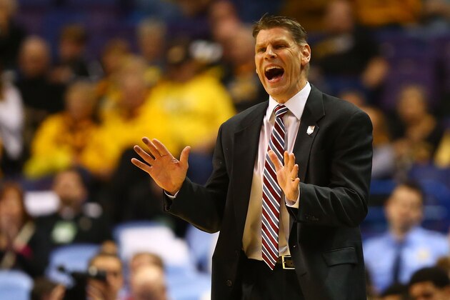 ST. LOUIS, MO - MARCH 7: Head coach Ben Jacobson of the Northern Iowa Panthers directs his team against the Northern Iowa Panthers during the MVC Basketball Tournament Semifinals at the Scottrade Center on March 7, 2015 in St. Louis, Missouri.  (Photo by Dilip Vishwanat/Getty Images)