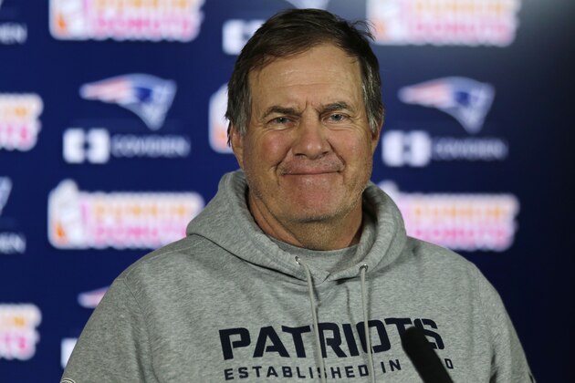 New England Patriots head coach Bill Belichick smiles during a football news conference at Gillette Stadium in Foxborough, Mass., Wednesday, July 23, 2014. Players reported to training camp with their first team practice scheduled for Thursday July 24th. (AP Photo)