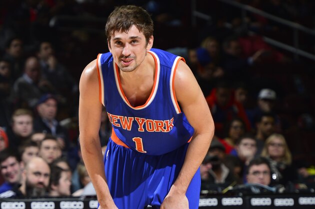 PHILADELPHIA,PA - MARCH 20: Alexey Shved #1 of the New York Knicks looks on against the Philadelphia 76ers at Wells Fargo Center on March 20, 2015 in Philadelphia, Pennsylvania NOTE TO USER: User expressly acknowledges and agrees that, by downloading and/or using this Photograph, user is consenting to the terms and conditions of the Getty Images License Agreement. Mandatory Copyright Notice: Copyright 2015 NBAE (Photo by David Dow/NBAE via Getty Images)