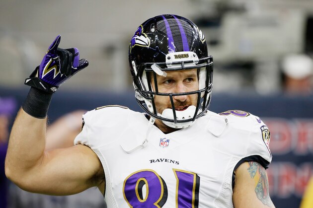 HOUSTON, TX - DECEMBER 21:   Owen Daniels #81 of the Baltimore Ravens works out on the field before the start of the game against the Houston Texans at NRG Stadium on December 21, 2014 in Houston, Texas.  (Photo by Scott Halleran/Getty Images)