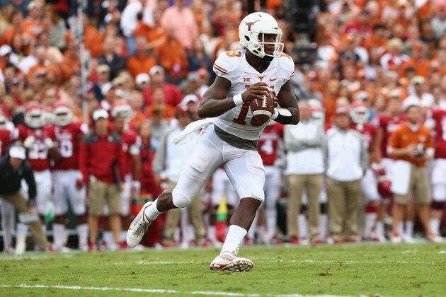 DALLAS, TX - OCTOBER 11:  Tyrone Swoopes #18 of the Texas Longhorns at Cotton Bowl on October 11, 2014 in Dallas, Texas.  (Photo by Ronald Martinez/Getty Images)