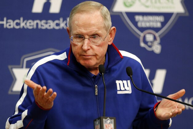 New York Giants head coach Tom Coughlin speaks during an NFL football news conference, Tuesday, Dec. 30, 2014, in East Rutherford, N.J. Co-owner John Mara announced that Coughlin will return for a 12th season and Jerry Reese will be back as GM despite an