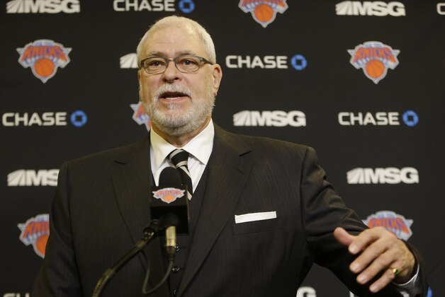 New York Knicks president Phil Jackson speaks during a news conference before an NBA basketball game against the Charlotte Hornets, Saturday, Jan. 10, 2015, in New York. (AP Photo/Frank Franklin II)