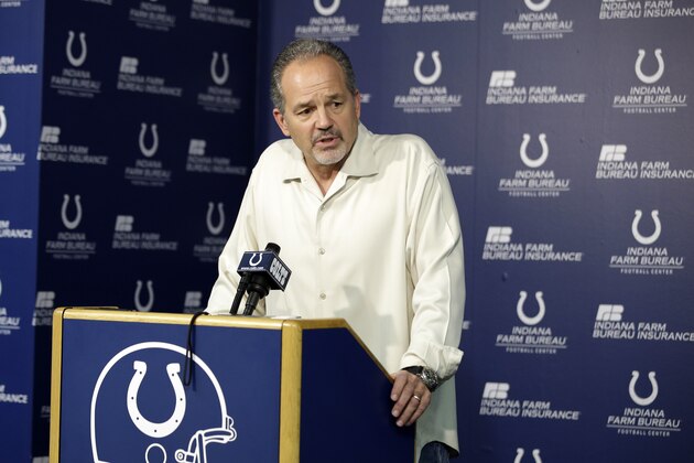 Indianapolis Colts head coach Chuck Pagano responds to a question during a news conference NFL football team's practice facility Monday, Jan. 19, 2015, in Indianapolis. The New England Patriots defeated Colts 45-7 in AFC championship game. (AP Photo/Darron Cummings)