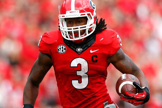 ATHENS, GA - SEPTEMBER 27:  Todd Gurley #3 of the Georgia Bulldogs rushes against the Tennessee Volunteers at Sanford Stadium on September 27, 2014 in Athens, Georgia.  (Photo by Kevin C. Cox/Getty Images)