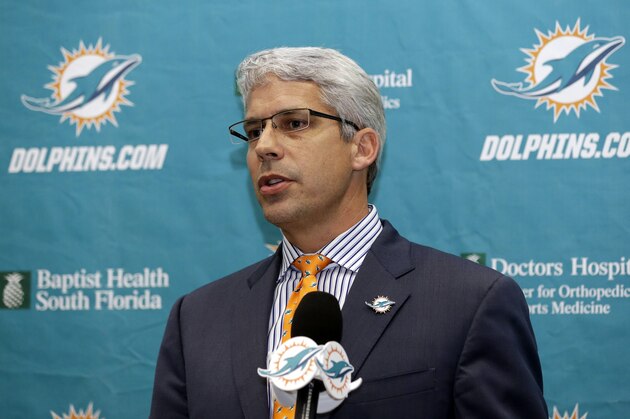 FILE - In htis Jan. 28, 2014, file photo, Dennis Hickey, new general manager for the Miami Dolphins NFL football team, speaks during a news conference in Davie, Fla. Hickey says he's well prepared for his first NFL draft as a general manager, and when the Miami Dolphins begin picking players Thursday night, he wants a calm atmosphere at team headquarters. (AP Photo/Lynne Sladky, File)