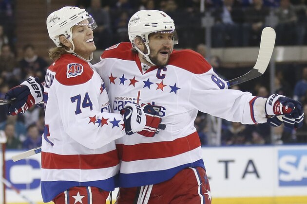 Washington Capitals left wing Alex Ovechkin (8) celebrates the first of his two goals with defenseman John Carlson (74) during the first period of an NHL hockey game against the New York Rangers, Sunday, March 29, 2015, in New York. The Capitals won 5-2. (AP Photo/John Minchillo)