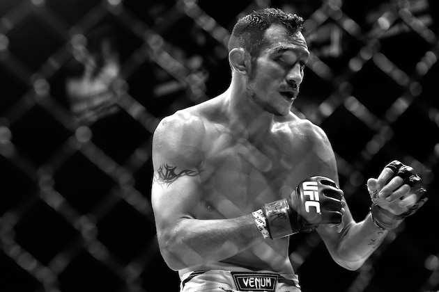 LAS VEGAS, NV - DECEMBER 06: (EDITORS NOTE): Image has been converted to black and white) Tony Ferguson fights Abel Trujillo in their bout during the UFC 181 event at the Mandalay Bay Events Center on December 6, 2014 in Las Vegas, Nevada.  (Photo by Alex Trautwig/Getty Images)