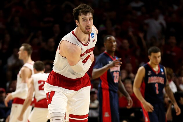 LOS ANGELES, CA - MARCH 28:  Frank Kaminsky #44 of the Wisconsin Badgers reacts in the second half while taking on the Arizona Wildcats during the West Regional Final of the 2015 NCAA Men's Basketball Tournament at Staples Center on March 28, 2015 in Los Angeles, California.  (Photo by Stephen Dunn/Getty Images)