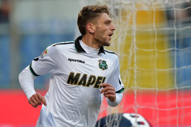 Sassuolo's Domenico Berardi celebrates after scoring during a Serie A soccer match between Genoa and Sassuolo, at Genoa's Luigi Ferraris Stadium, Italy, Sunday, Jan 18, 2015. (AP Photo/Tano Pecoraro)