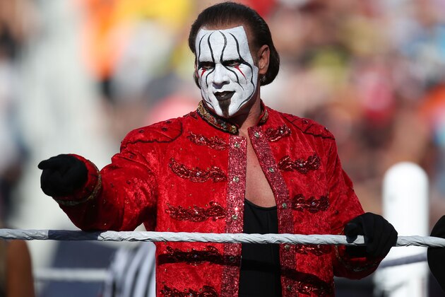 IMAGE DISTRIBUTED FOR WWE - WWE Superstar Sting makes his first ever WrestleMania appearance at Levi’s Stadium on Sunday, March 29, 2015 in Santa Clara, CA. WrestleMania broke the Levi’s Stadium attendance record at 76,976 fans from all 50 states and 40 countries. (Don Feria/AP Images for WWE)