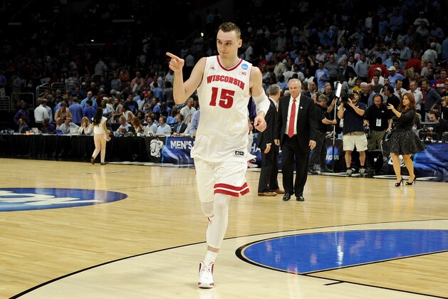 LOS ANGELES, CA - MARCH 26:  Sam Dekker #15 of the Wisconsin Badgers celebrates after the Badgers 79-72 victory against the North Carolina Tar Heels during the West Regional Semifinal of the 2015 NCAA Men's Basketball Tournament at Staples Center on March 26, 2015 in Los Angeles, California.  (Photo by Harry How/Getty Images)