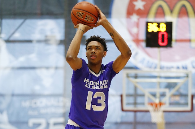 Brandon Ingram, of Kinston, N.C., competes in the three-point shootout during the McDonald's All-American Jam Fest, Monday, March 30, 2015, in Chicago. (AP Photo/Andrew A. Nelles)