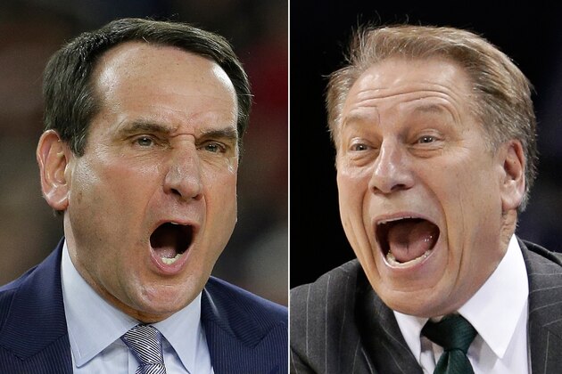 FILE - At left, in a March 29, 2015, file photo, Duke head coach Mike Krzyzewski yells during the first half of a college basketball regional final game against Gonzaga in the NCAA Tournament in Houston. At right, in a March 22, 2015, file photo, Michigan State head coach Tom Izzo directs his team against Virginia during the second half of an NCAA tournament college basketball game in Charlotte, N.C. Duke plays Michigan State in an NCAA college basketball national semifinal game on Saturday, April 4, in Indianapolis. (AP Photo/File)