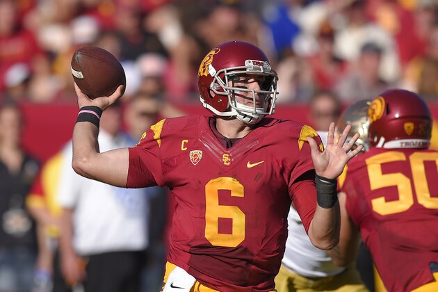 Southern California quarterback Cody Kessler passes during the first half of an NCAA college football game against Notre Dame, Saturday, Nov. 29, 2014, in Los Angeles. (AP Photo/Mark J. Terrill)