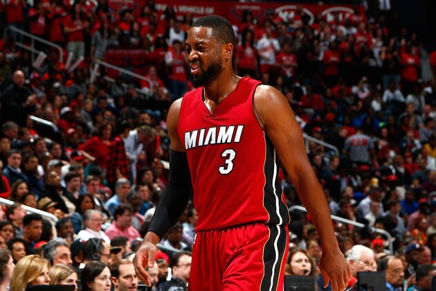 ATLANTA, GA - MARCH 27:  Dwyane Wade #3 of the Miami Heat walks off the court in the second quarter against the Atlanta Hawks at Philips Arena on March 27, 2015 in Atlanta, Georgia.  NOTE TO USER: User expressly acknowledges and agrees that, by downloading and/or using this photograph, user is consenting to the terms and conditions of the Getty Images License Agreement.  (Photo by Kevin C. Cox/Getty Images)