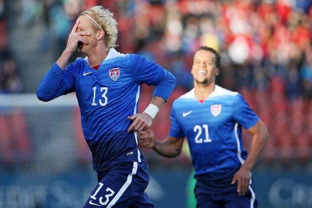 ZURICH, SWITZERLAND - MARCH 31: Brek Shea of the USA celebrates his scored goal with teammate Timmy Chandler during the international friendly match between Switzerland and the United States at Stadium Letzigrund on March 31, 2015 in Zurich, Switzerland. (Photo by Philipp Schmidli/Getty Images)