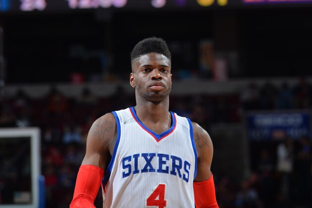 PHILADELPHIA,PA - MARCH 30: Nerlens Noel #4 of the Philadelphia 76ers looks on against the Los Angeles Lakers at Wells Fargo Center on March 30, 2015 in Philadelphia, Pennsylvania NOTE TO USER: User expressly acknowledges and agrees that, by downloading and/or using this Photograph, user is consenting to the terms and conditions of the Getty Images License Agreement. Mandatory Copyright Notice: Copyright 2015 NBAE (Photo by Jesse D. Garrabrant/NBAE via Getty Images)