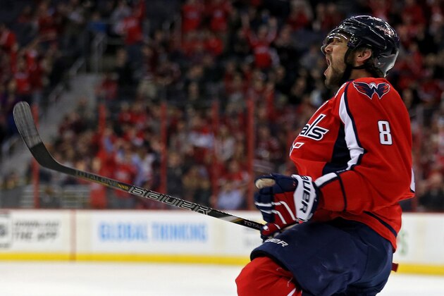 WASHINGTON, DC - MARCH 31: Alex Ovechkin #8 of the Washington Capitals celebrates after scoring a goal against the Carolina Hurricanes in the first period at Verizon Center on March 31, 2015 in Washington, DC. (Photo by Patrick Smith/Getty Images)