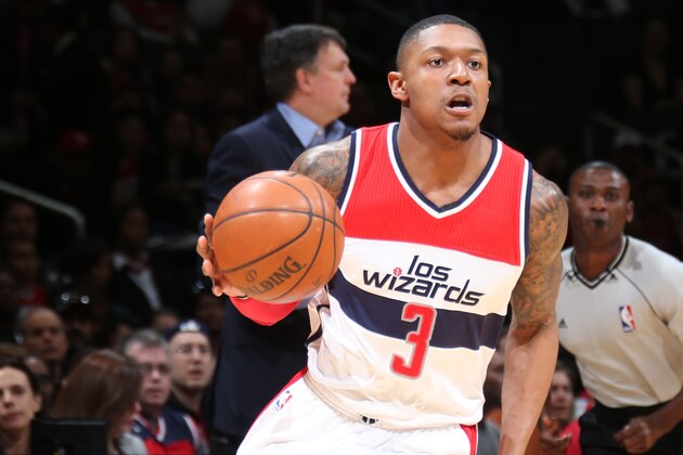 WASHINGTON, DC - MARCH 29: Bradley Beal #3 of the Washington Wizards handles the ball against the Houston Rockets at the Verizon Center on March 29, 2015 in Washington, DC. NOTE TO USER: User expressly acknowledges and agrees that, by downloading and or using this photograph, User is consenting to the terms and conditions of the Getty Images License Agreement. (Photo by Ned Dishman/NBAE via Getty Images)