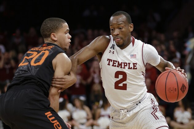 Temple's Will Cummings (2) drives past Miami's Manu Lecomte (20) during the first half of a semifinal in the NIT college basketball tournament Tuesday, March 31, 2015, in New York. (AP Photo/Frank Franklin II)