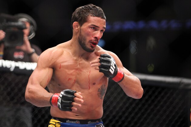 Dennis Bermudez is seen against Pablo Garza during their bout at UFC on Fox at the Izod Center in E. Rutherford, NJ on Saturday, May 5, 2012.  Bermudez won via unanimous decision. (AP Photo/Gregory Payan)