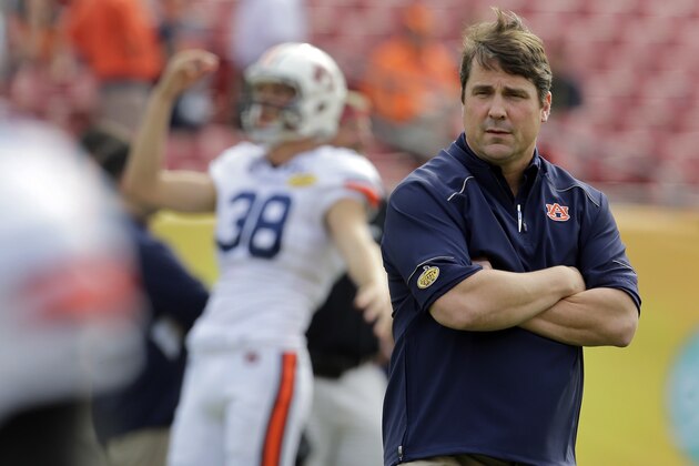 Newly-hired Auburn defensive coordinator Will Muschamp  before the Outback Bowl NCAA college football game Thursday, Jan. 1, 2015, in Tampa, Fla. Muschamp was the former head coach at Florida. (AP Photo/Chris O'Meara)