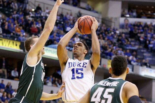 INDIANAPOLIS, IN - NOVEMBER 18:  Jahlil Okafor #15 of the Duke Blue Devils shoots the ball during the game against the Michigan State Spartans in the State Farm Champions Classic at Bankers Life Fieldhouse on November 18, 2014 in Indianapolis, Indiana.  (Photo by Andy Lyons/Getty Images)