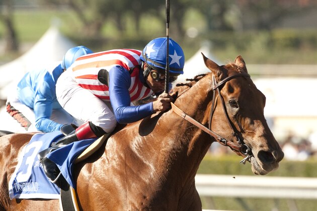 In this image provided by Benoit Photo, Dortmund, with Martin Garcia aboard, wins the Grade II $400,000 San Felipe Stakes horse race Saturday, March 7, 2015, at Santa Anita in Arcadia, Calif. (AP Photo/Benoit Photo)