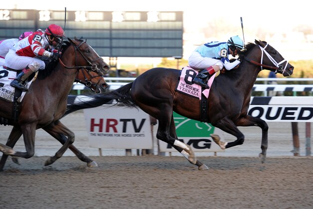 In this photo provided by the New York Racing Association, Verrazano, with John Velazquez aboard, captures The Grade I Wood Memorial stakes horse race at Aqueduct Race Track in New York, Saturday, April 6, 2013. Normandy Invasion was second and Vyjack was third. (AP Photo/New York Racing Association)